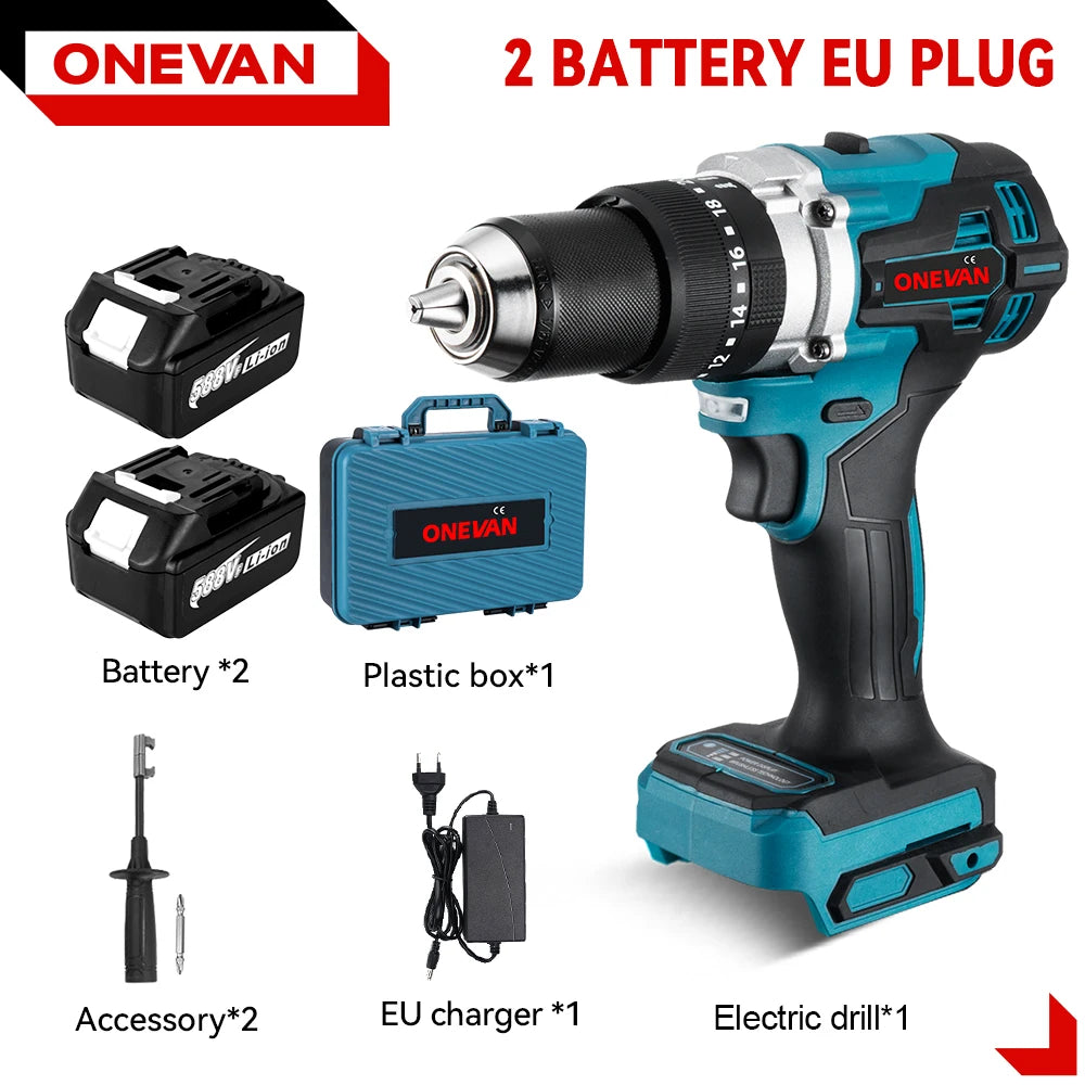 ONEVAN Multicolor Body Metal Keyless Drill Chuck Rechargeable Battery-Powered Cordless Brushless Adjustable Speed-Torque Built-In Lighting Electric Impact Drills Sets/Colors-Black/Blue/Silver/Green/Gray/Multicolor