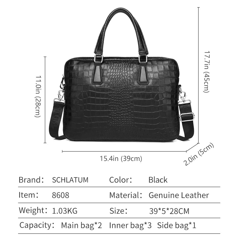 Men Black SCHLATUM Genuine Leather Crocodile Print Hard Briefcases Polyester Bag / 1 Handles/Straps /Fits 13-15.6 Inch Laptop/Built-In Compartment