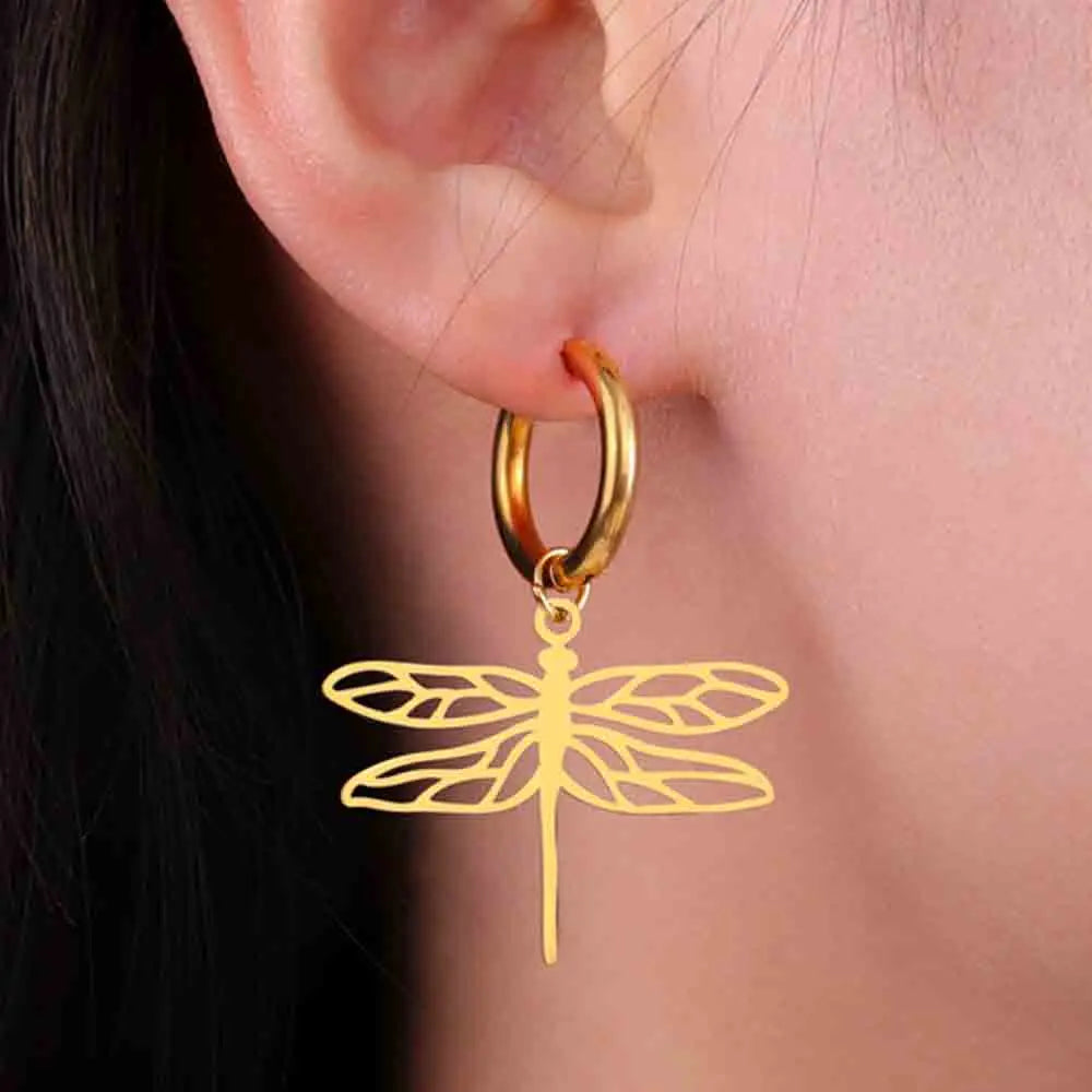 My Shape Dragonfly Earrings for Women Girls Gold Color Stainless Steel Dangle Earrings Hoop Earrings Insect Fashion Jewelry Gift