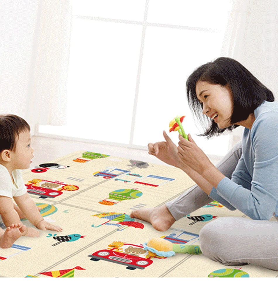 Babies Soft Plastic Waterproof High Rebound Double-Sided Portable Foldable Cute Cartoon Design Crawling Play Mats/Colors-Beige/Floral/Multicolor/Checkered/Geometric/Animal/Dots/Compact Size