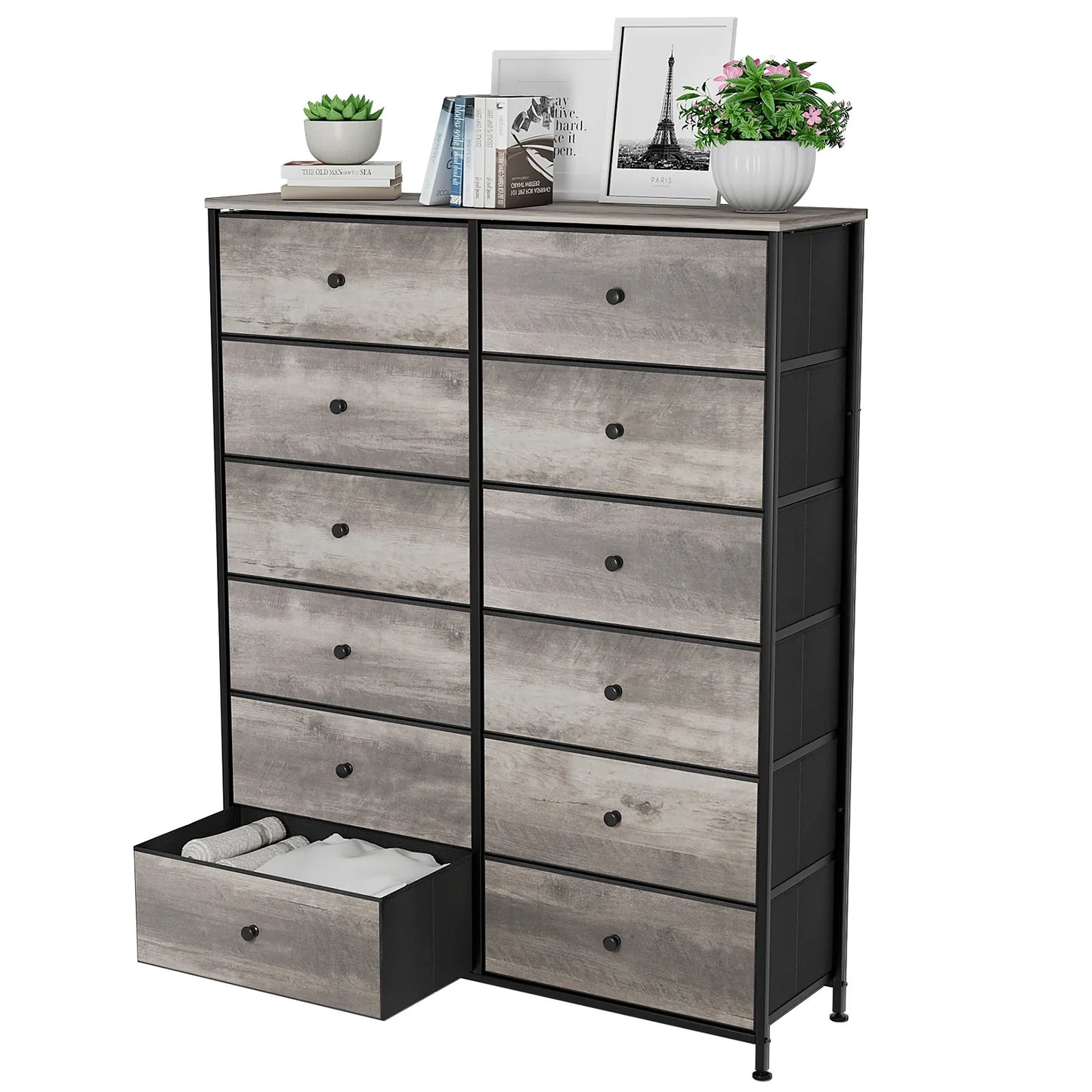 No-EN-Name-Null HOMFA Antique Large Brown Rectangle Shaped Wood Top-12 Drawers Iron Metal Rods Frame Cross-Back Design Free-Standing Tall Fabric Bin Dressers