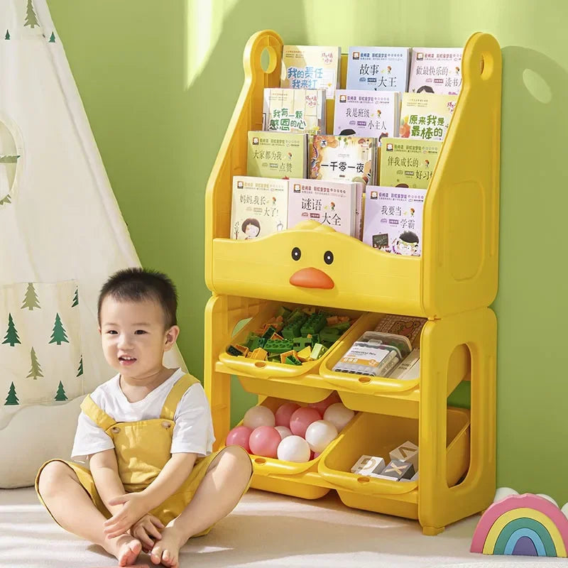 Toddler-Size Yellow Solid Plastic Duck Animal Face Design Free-Standing 4-Deep Storage Shelves-4 Storage Bins Bookshelf