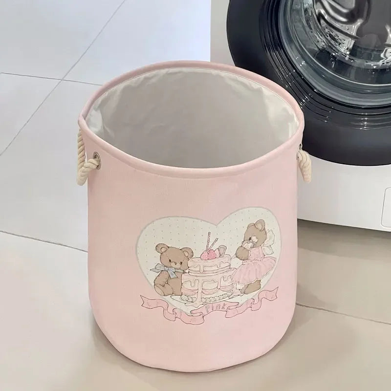 Babies Cartoon Animal Design Canvas Round Collapsible Pink Fabric Laundry Storage Baskets