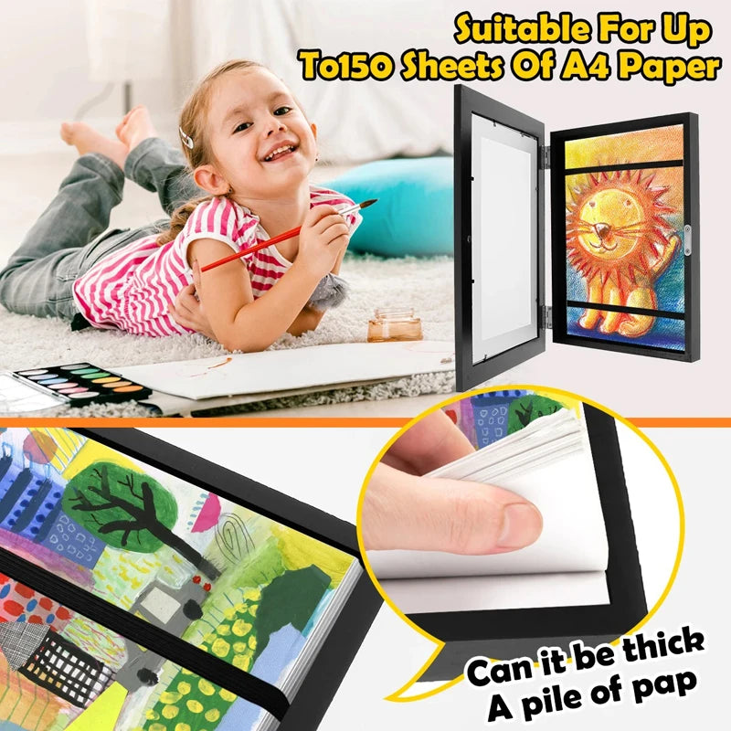 Kids Rectangle Wood Trim Frame Clear Acrylic Magnetic Suction Closure Display A4 Artwork Frames/Colors-Black/Brown/White/Beige/Blue/Elastic Band/Hook
