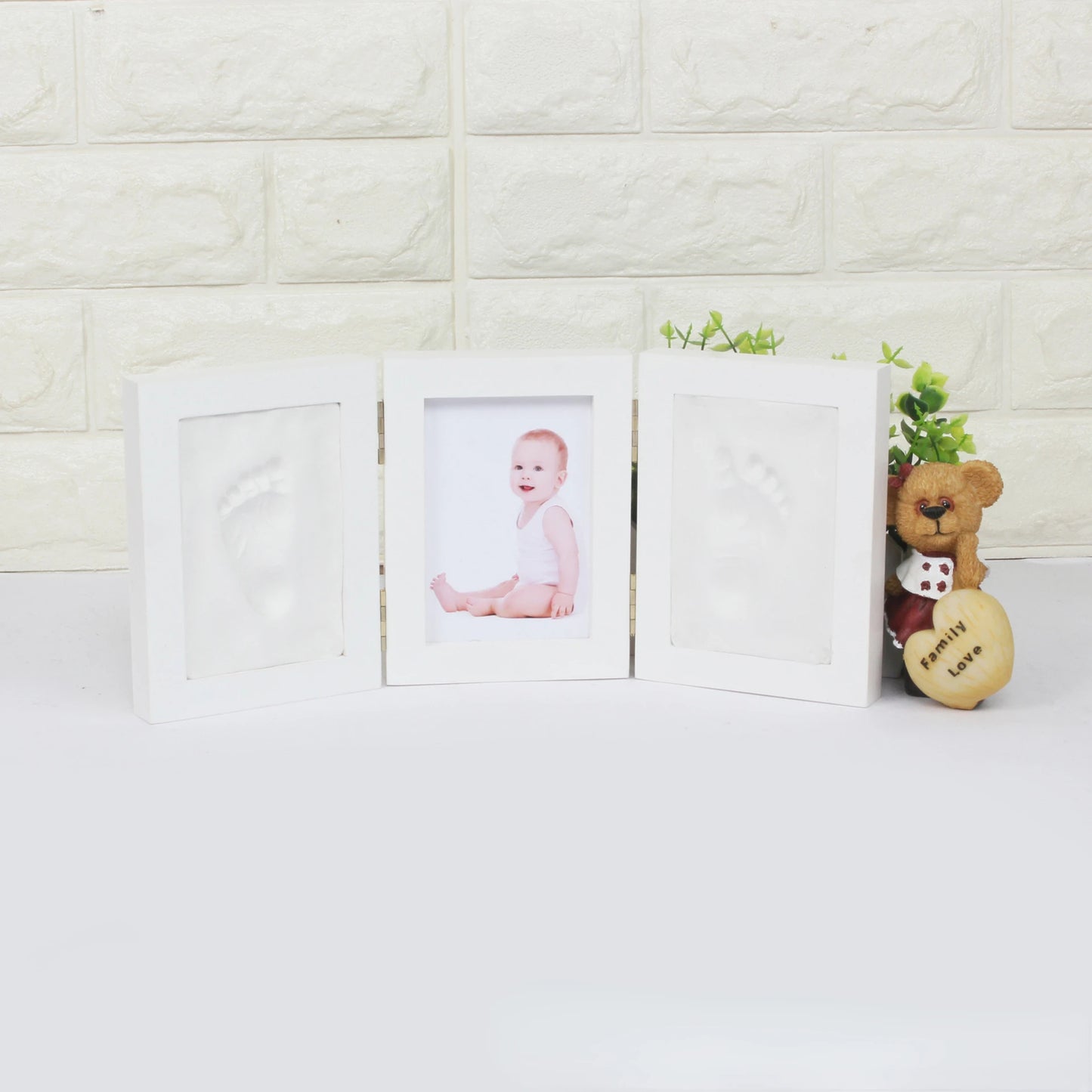 Newborn-3 Years Old White Solid Pine Tri-Fold Ink Pad Creating Hand-Foot In Plaster Of Paris Cement Print Keepsake Photo Frame