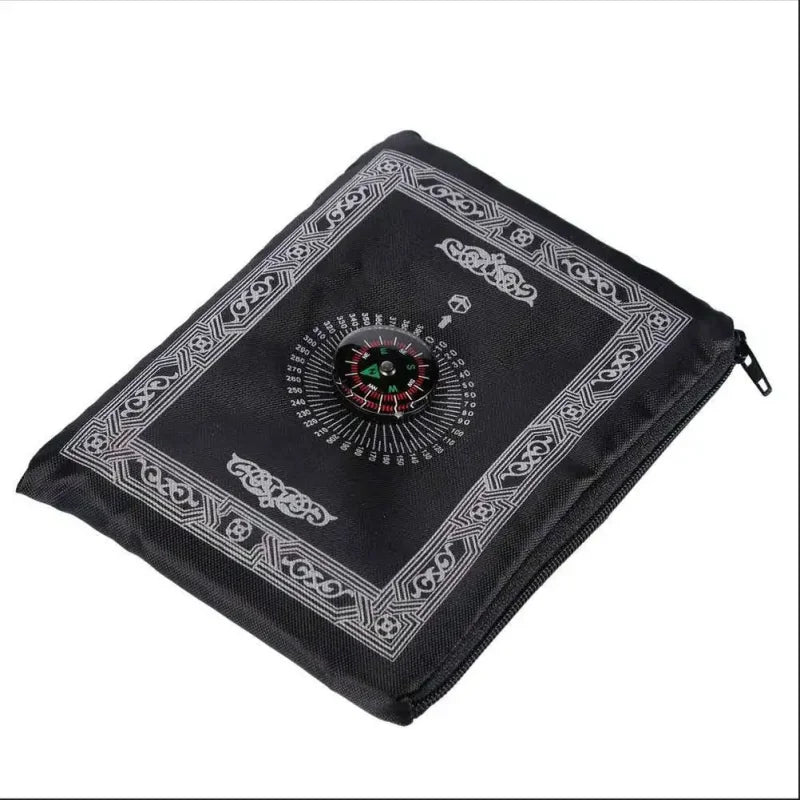 Black Background White Geometric Pattern Design Polyester Traveling Anti-Slip Bottom Fade Resistant Waterproof Nylon Iron Weighted Corners Braided Printed Prayer 1 X Rugs /Size: 60cm x 100cm/ Nylon Pouch Included-Compass