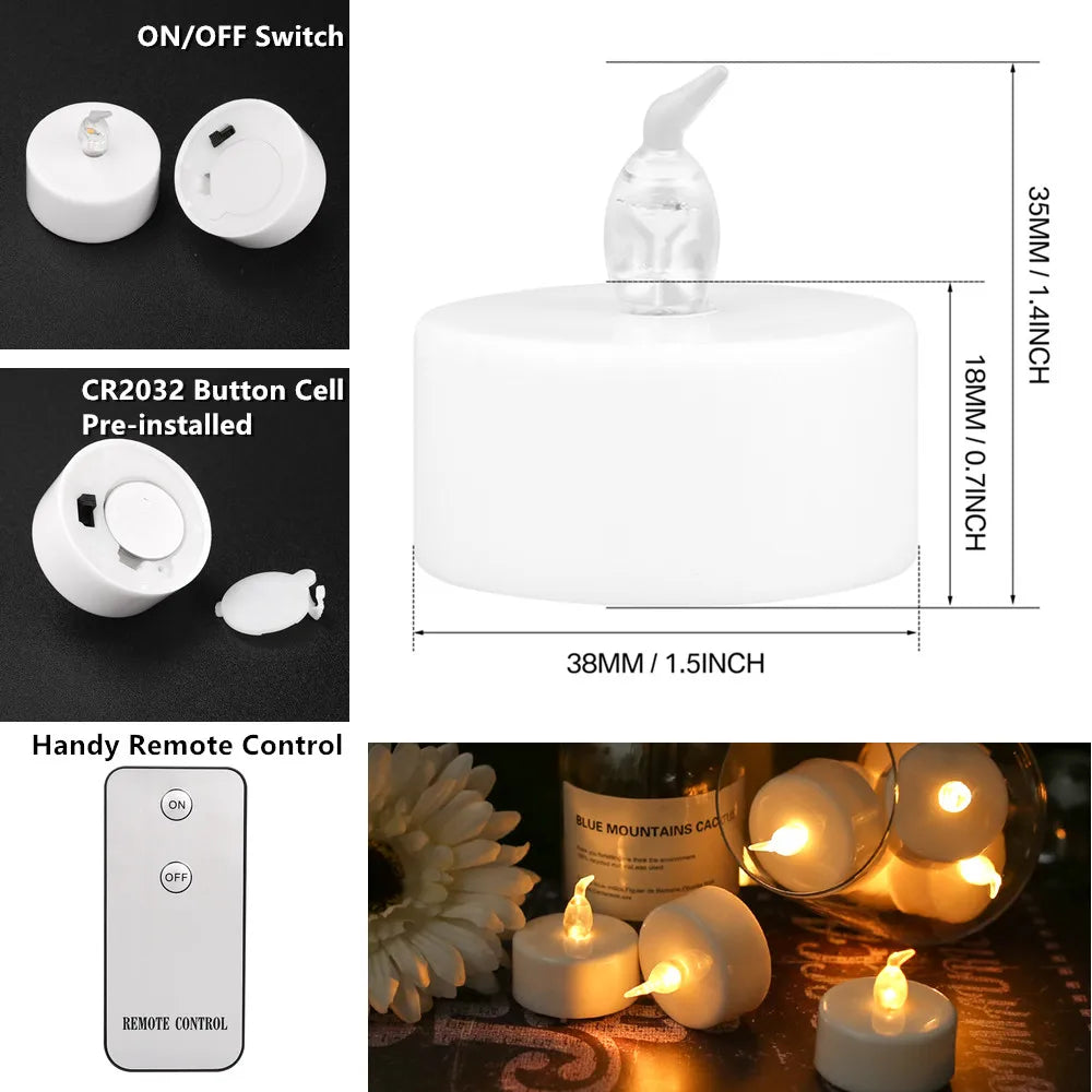 12-24 PCS Set Large Built-In Timer LED Flameless Flickering Small Round Tea Light Candles /Batteries Included-Button Batteries Type-CR2032/Color-White/Yellow