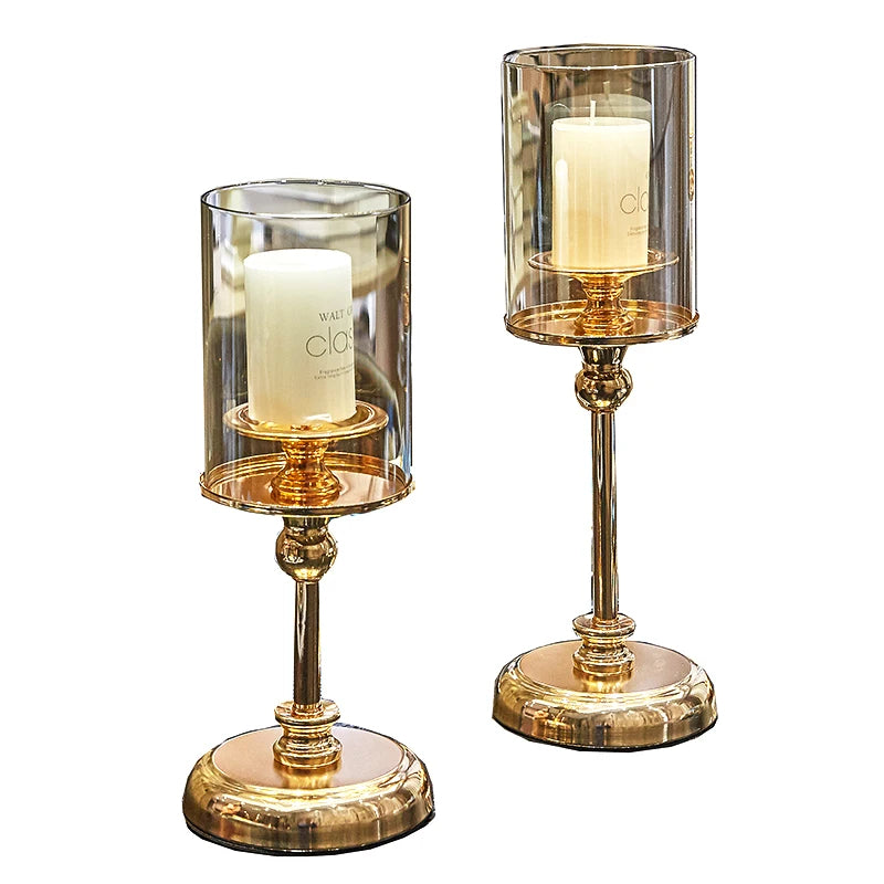 Traditional Chinese Gold Glass Column-Ball Pillar Matching Cup Candleholders/Sizes: S-M-L