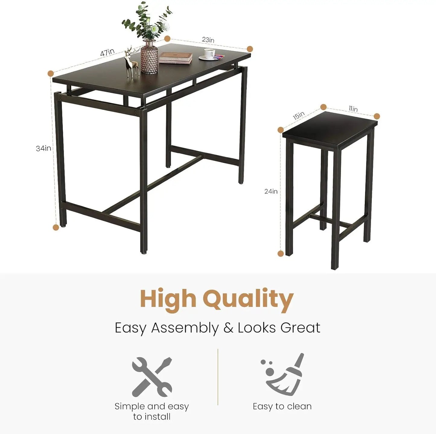 5 PCS Modern Wood Kitchen Table Top w/Iron Frame / 4 Iron Pub Bar Stools/Colors-Brown/Black