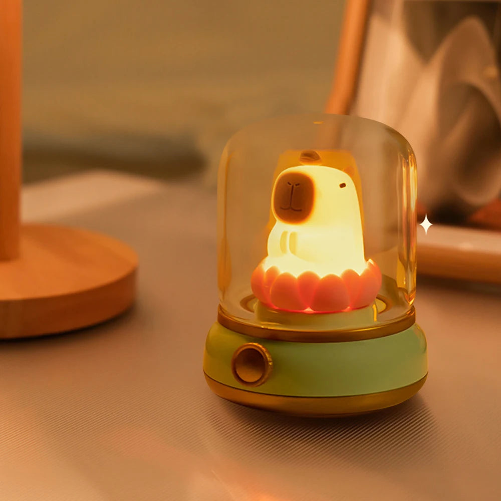 Round Glass Cute Capybara Kerosene Switch Button Sleeping Dimmable Night Light /2 Light Modes/Included LITHIUM ION Battery/Bulbs Included/USB Cable/Colors-Animal/Clear/Yellow/Green/No Batteries Required