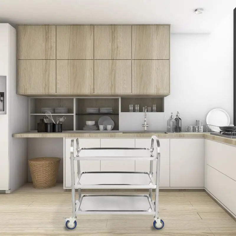 Three-Tier Metal Stainless Steel Silver Kitchen Dining Carts/With 4 Wheels