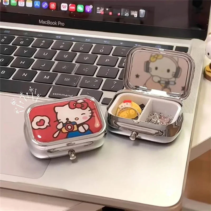Hello Kitty's Cat Portable Square HD Mirrored Mini Sealed Cute Cartoon Girl Heart 2 Sub-Pockets Jewelry Box