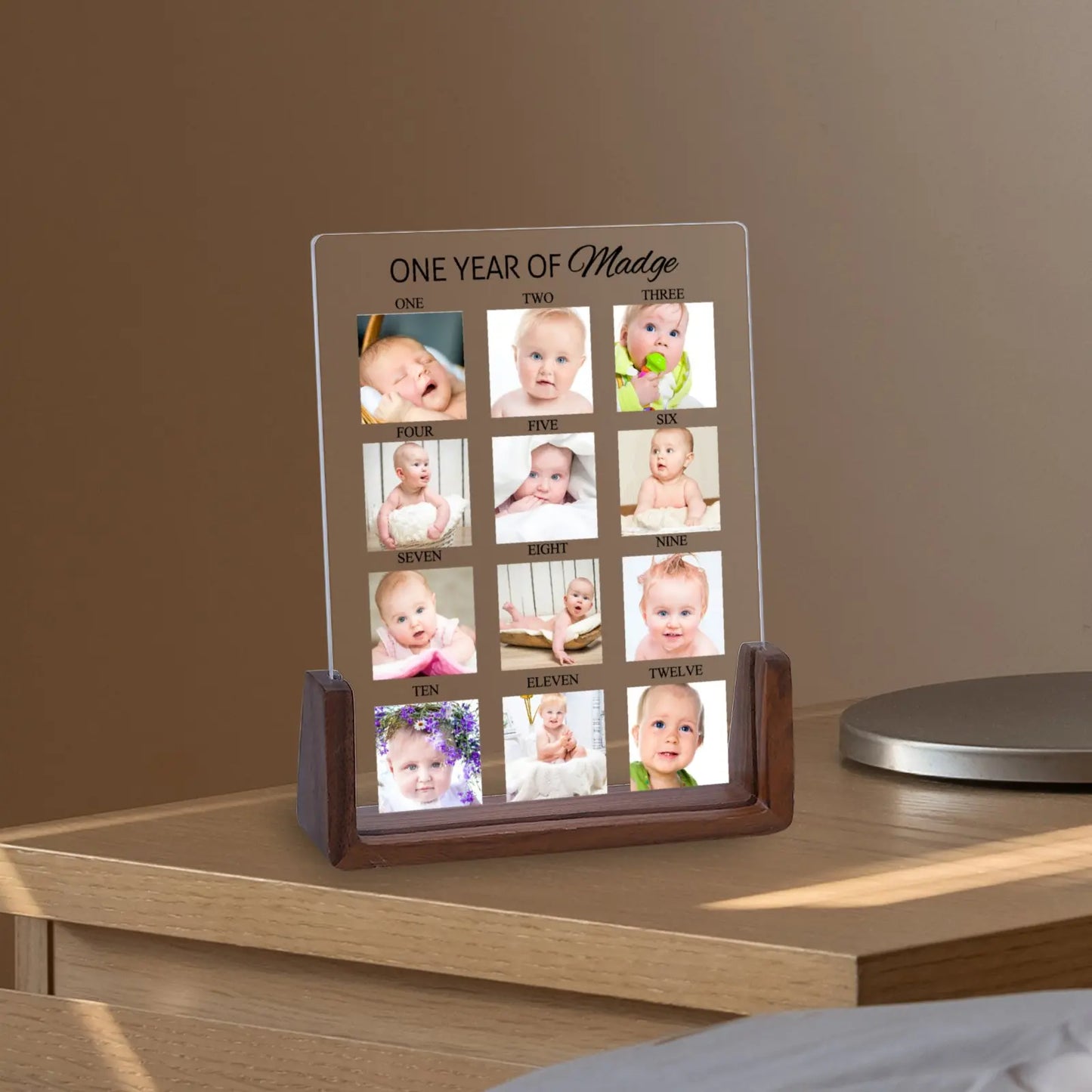 Customized Wood Base Clear Acrylic Plate Rectangle Newborn Babies First Year 12 Photo-Babies Name Display Frames/Colors-Brown/Beige/Clear