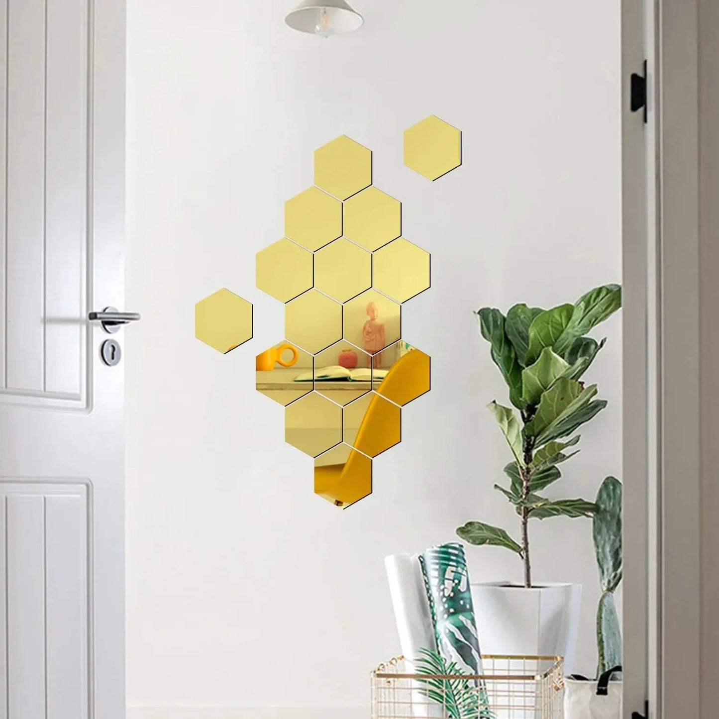 12PCS/Geometric Solid Hexagonal Mirror Wall Stickers w/ Built-in Adhesive/Removable/Colors-White/Gold/Pink/Green/Yellow