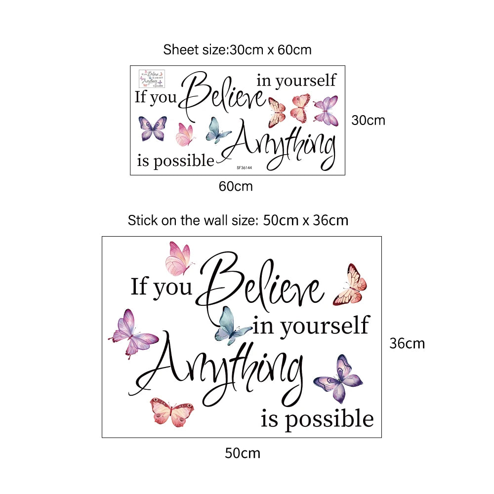 NULL Modern Multicolor Butterflies Animals Text Saying-If You Believe In Yourself-Anything Is Possible Positive Quotes Wall Art Home Decor Decals/Colors-Multicolor