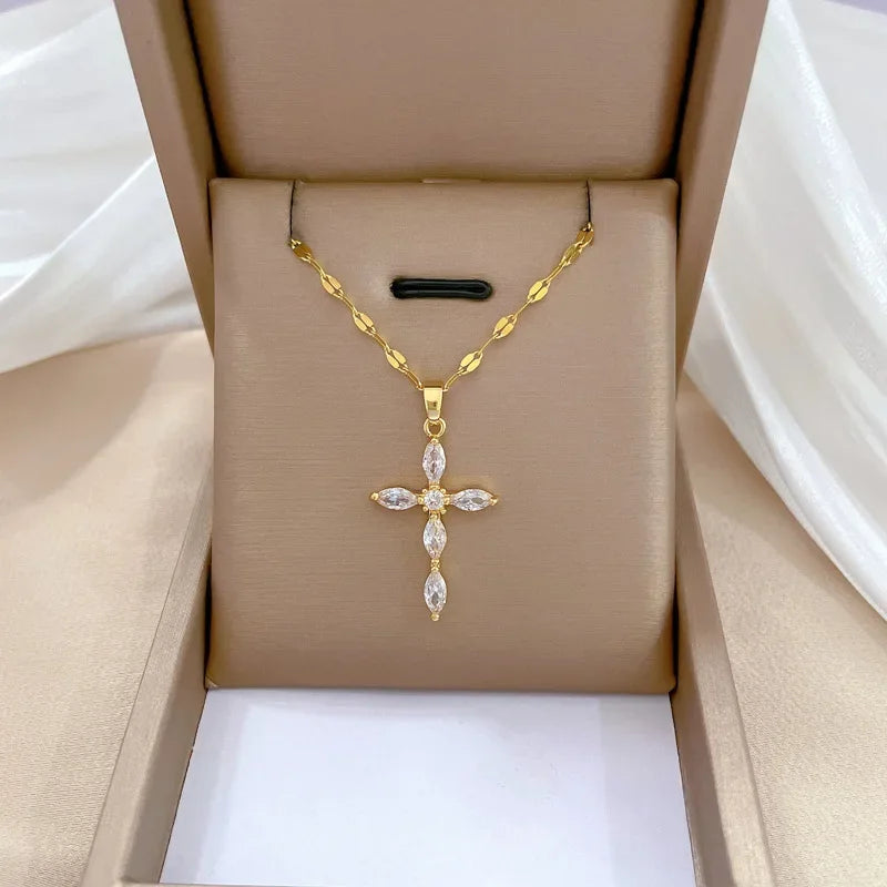 No-EN-Name-Null Women Fine Imitation Stainless Steel Gold-Plated Metal Cubic Zirconia All-Crystal Clear White Shiny Diamond Accents Stones Cross Pendant Necklaces/Colors-Brown/Clear/Green/Gold/Pink