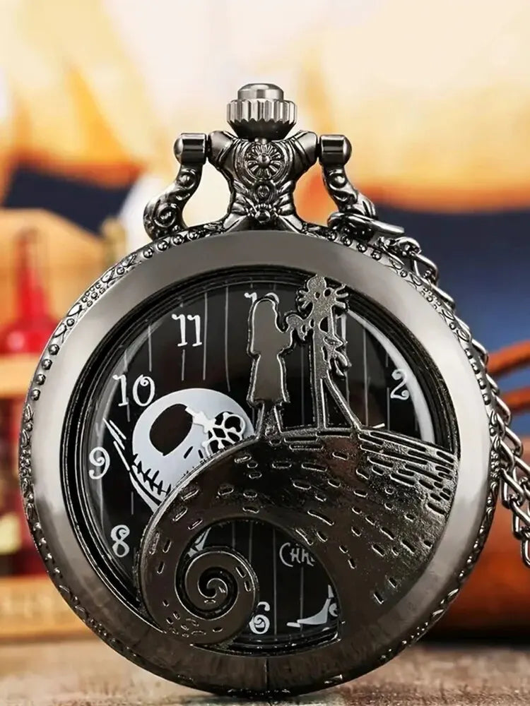 DEYROS Adults Quartz Black Face Bronze Metal Alloy Round Abrasion-Resistant Glass Face Skeleton Dial Movie-Nightmare Before Christmas Theme Silicone Strap Black Pendant Chain-Pocket Watches/Colors-Bronze/Black