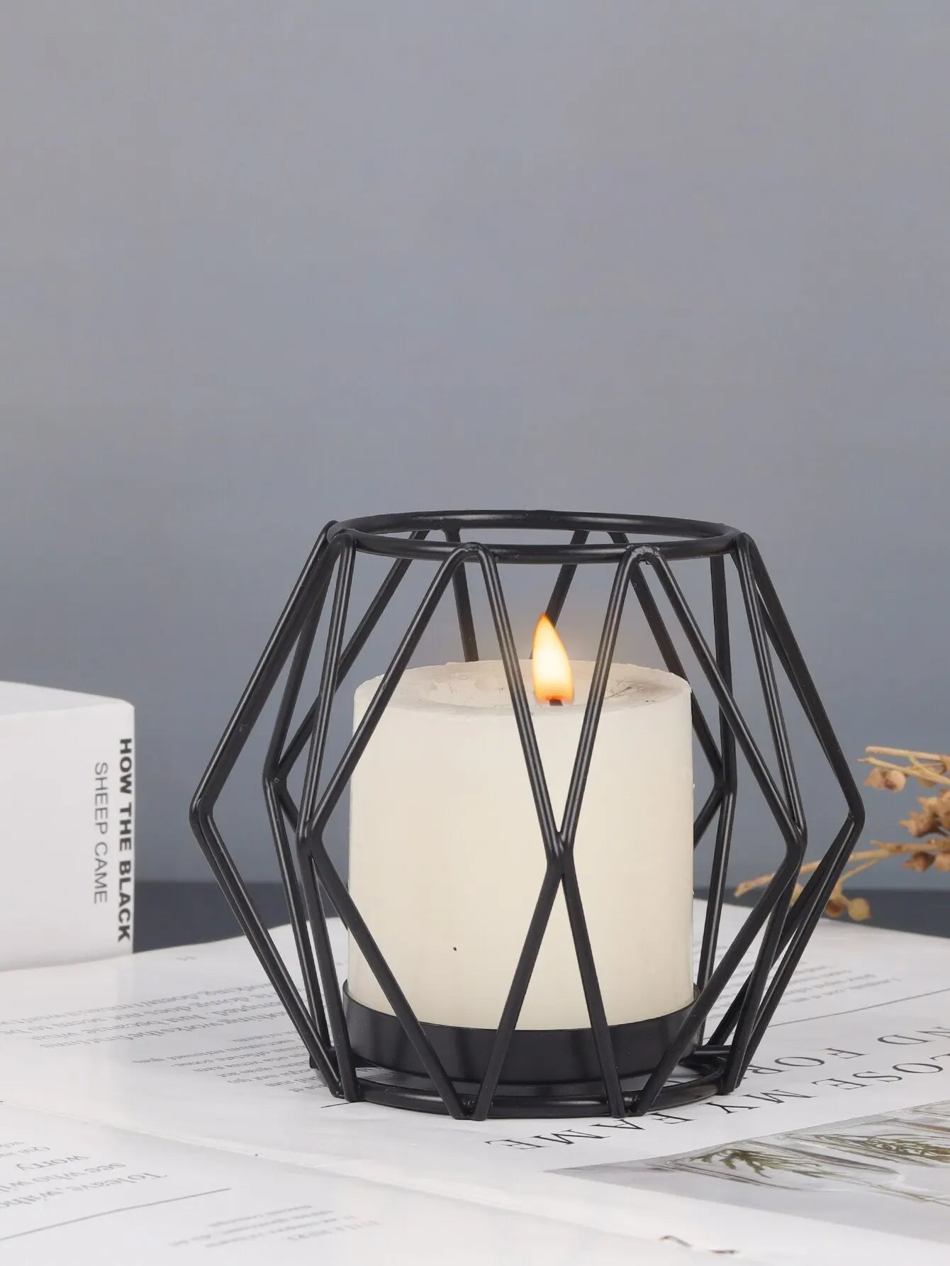 Black Indoor Rounded Edges Nordic Iron Art Geometric Cup Candle Big Tealight Self-Operated Candleholders/Batteries Not Included
