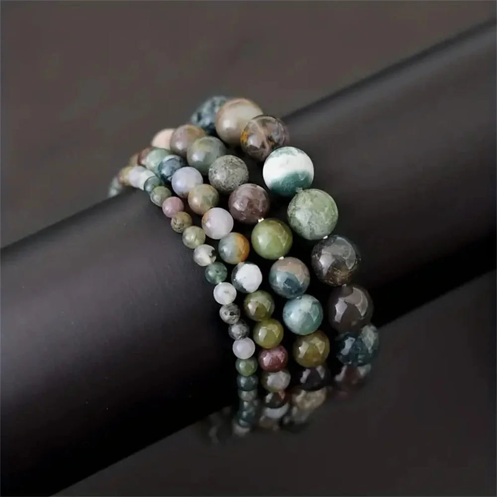 Unisex Natural Crystal Beaded Indian Moss Agate Healing Bracelets/Colors-Multicolor/Brown/Green