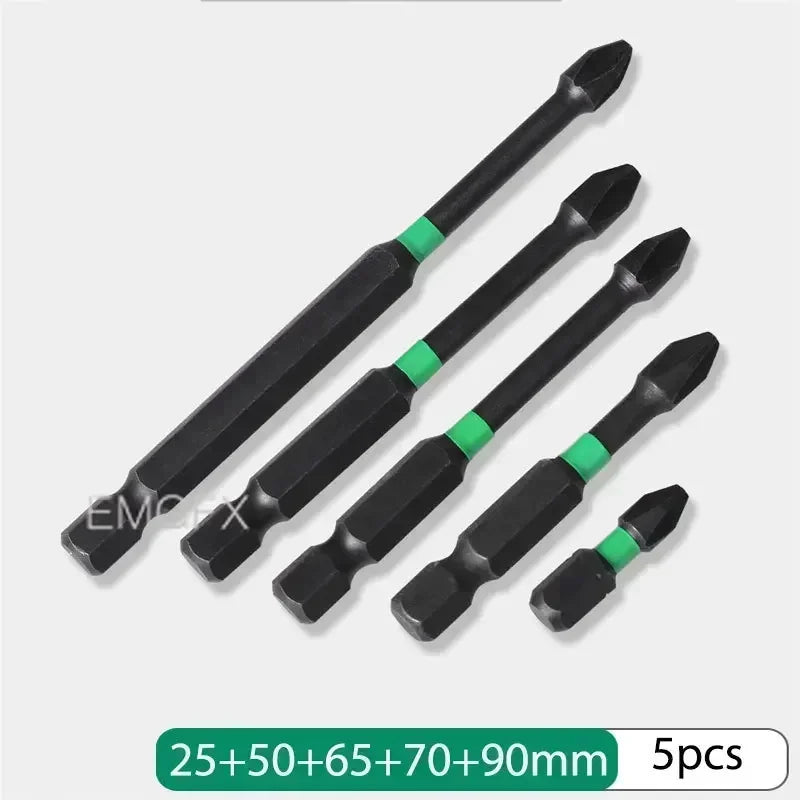 EMGFX 5 PCS Set Mechanic Design Impact Resistant Phosphating Black-Green Coating Alloy Steel Phillips Screw Head Low Magnetic Screwdriver BITS For Drills