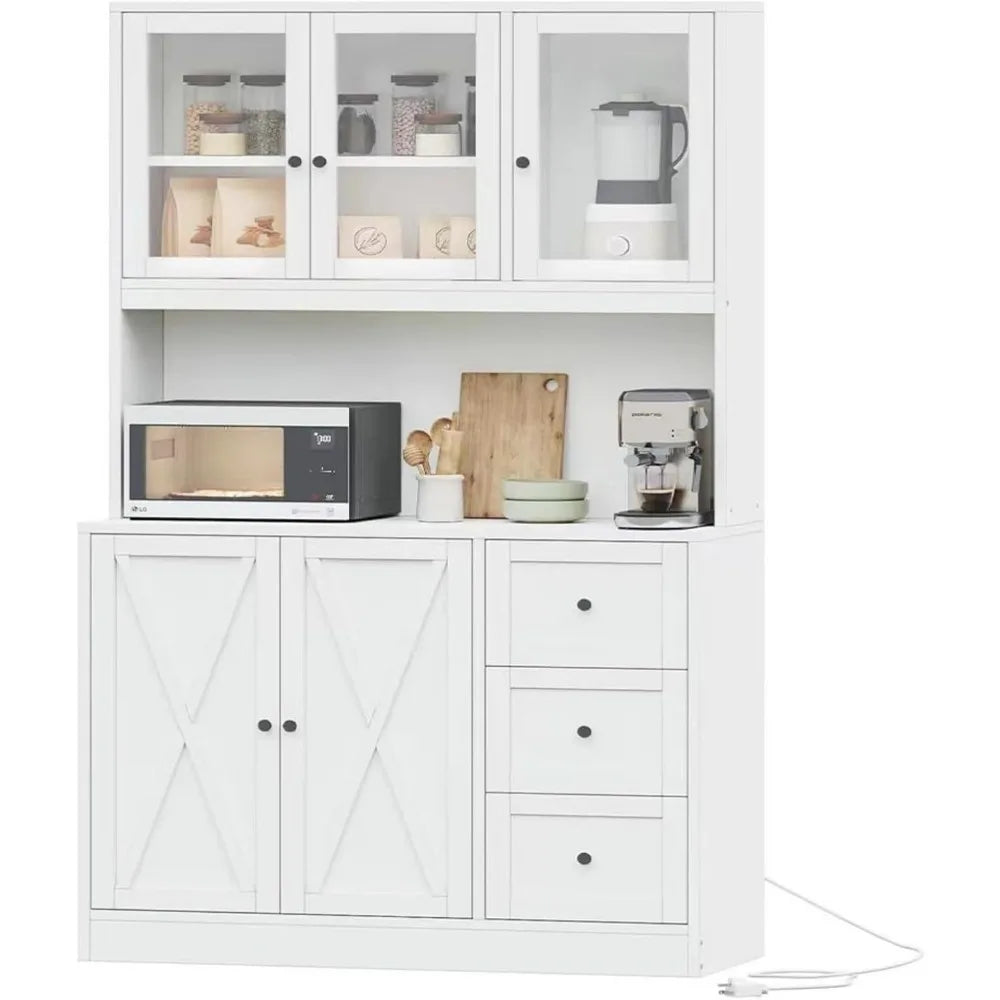 Wood Farmhouse Style Kitchen Cabinet Hutch /Countertop / Anti-Tip Device /Charging Station/3 Metal Rail Drawers/ 5 Cabinets-3 Glass Doors/2 Wood Doors/Size: 15.7"D x 39.4"W x 70.9"H/Colors-White/Black/Beige