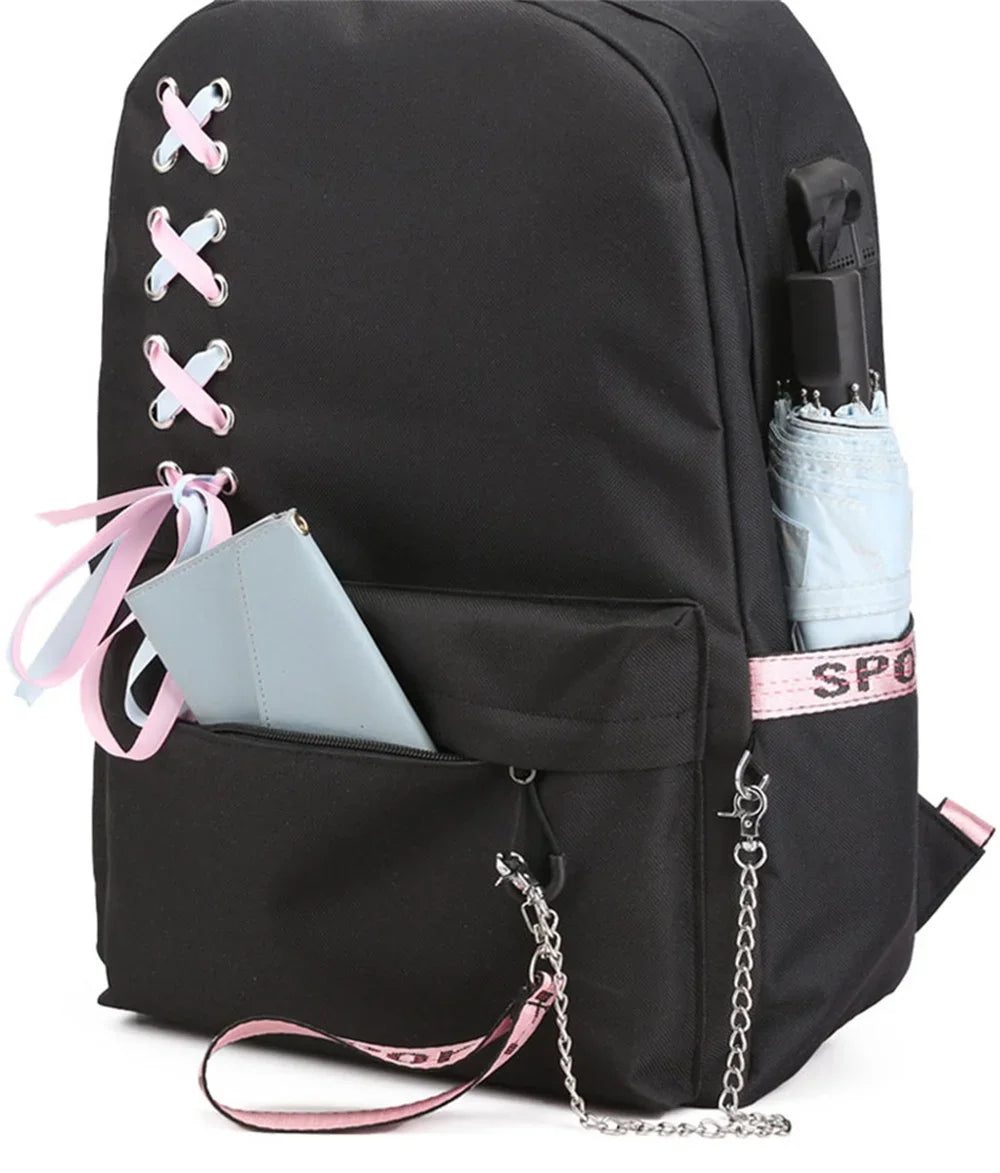 Decorative White Bow Canvas Nylon Printed Kawaii Cat Curved Back Support Zipper Black Backpacks/USB Charging/Built-In Laptop Compartment/Back Straps-Handle