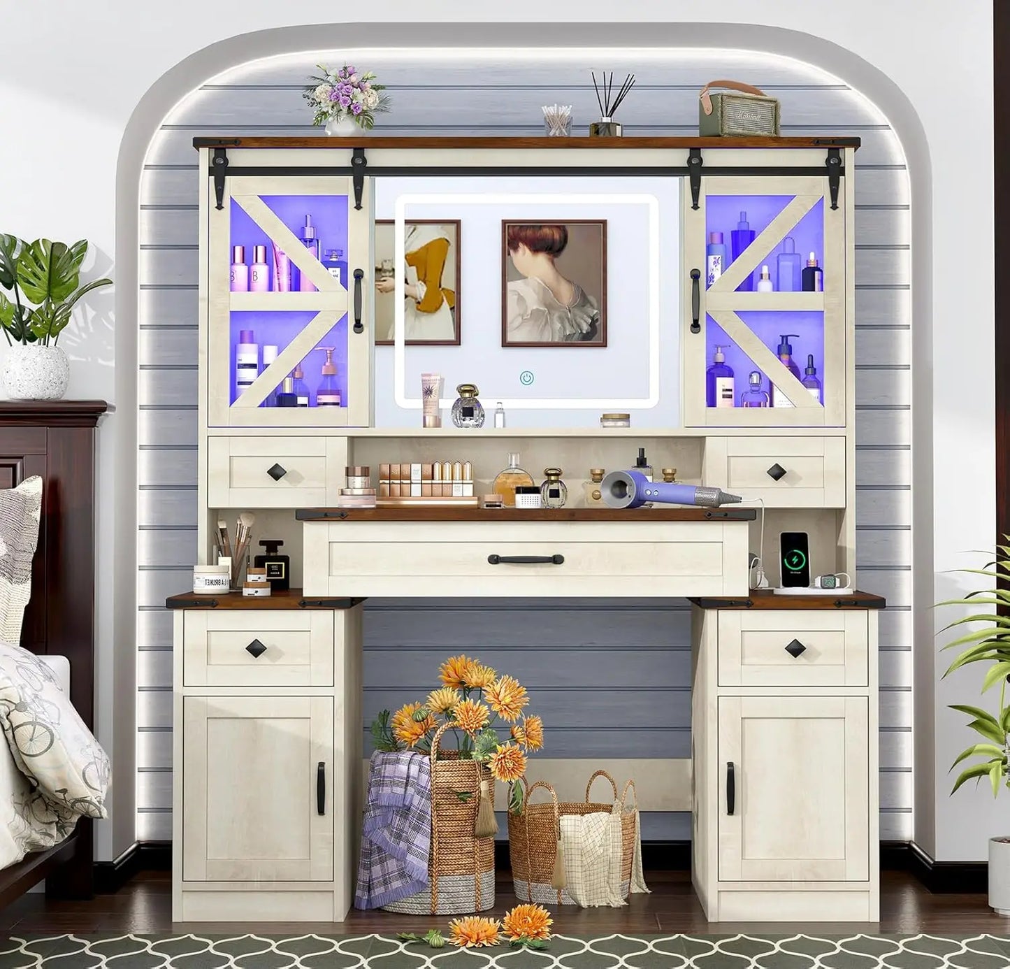 Wood Large White Farmhouse Mirrored LED Lighted Makeup Vanity Desk /Charging Station/2 USB Ports/ 2 AC Outlets/5 Drawers/2 Cabinets/Adjustable Sliding Glass Shelves