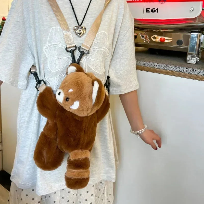 Cartoon Little Brown Raccoon Plush Curve Back Zipper Polyester Backpacks/Soft Straps-Handle/Colors-Animal