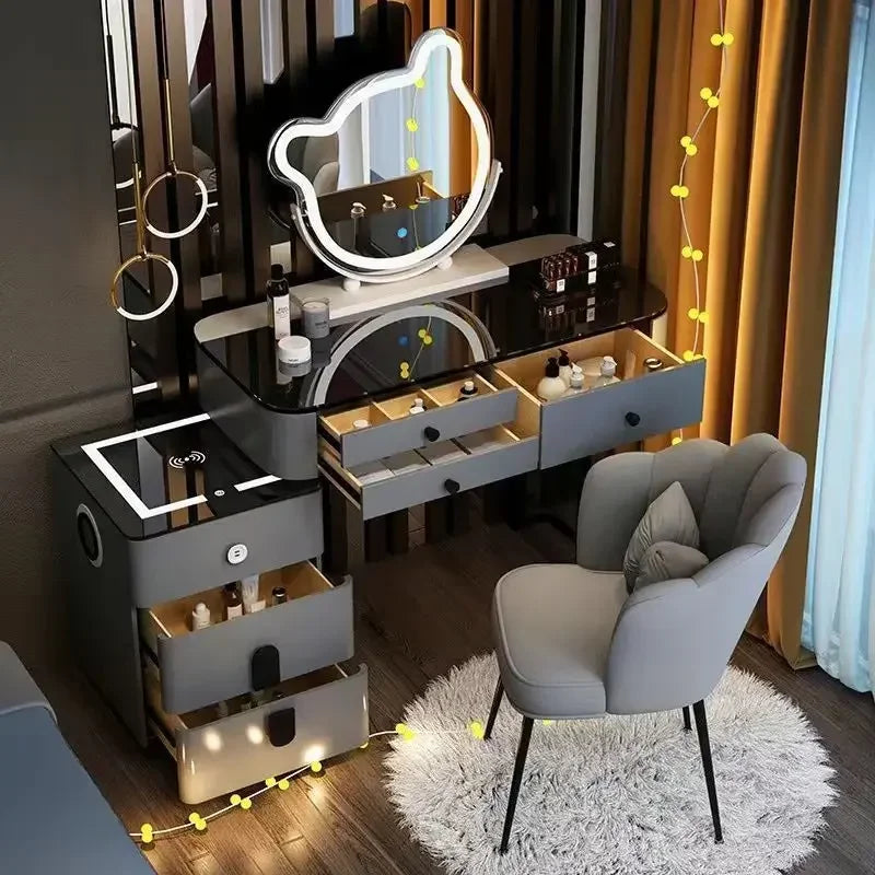 Modern Style White Adjustable LED Smart Touch-Controlled Lighted Round Mirror Black Tempered Glass Countertop Solid Pine Wood Draws Make-Up Vanities /2 USB Wireless Ports /Bluetooth Speakers/Colors-Black/Gray/White