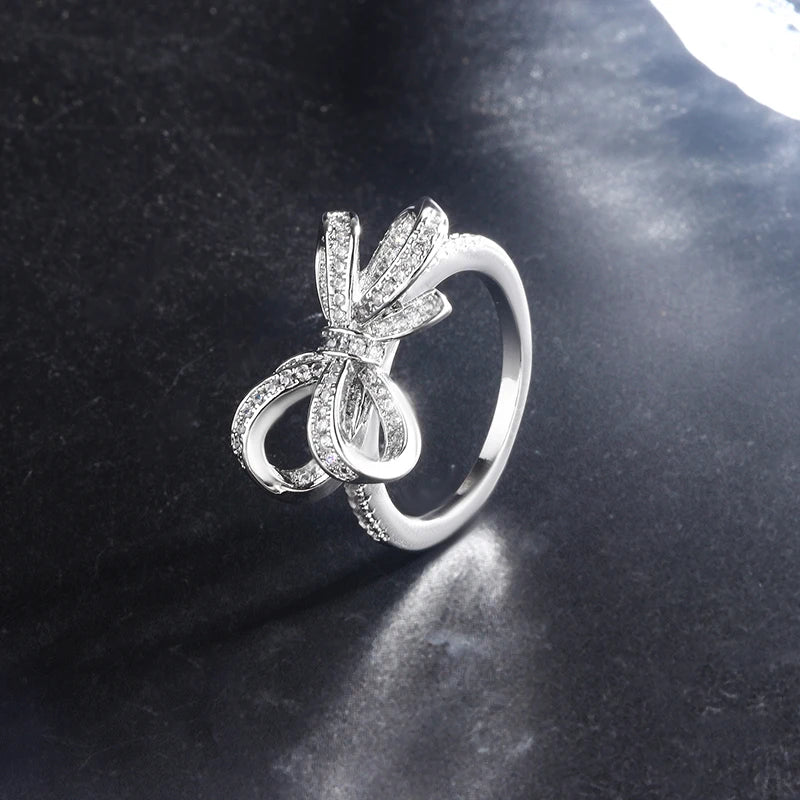 Adult Women Zircon Clear Diamond Stone Sterling Silver Metal Bow Shaped Fine Jewelry Cocktail Design Engagement Rings
