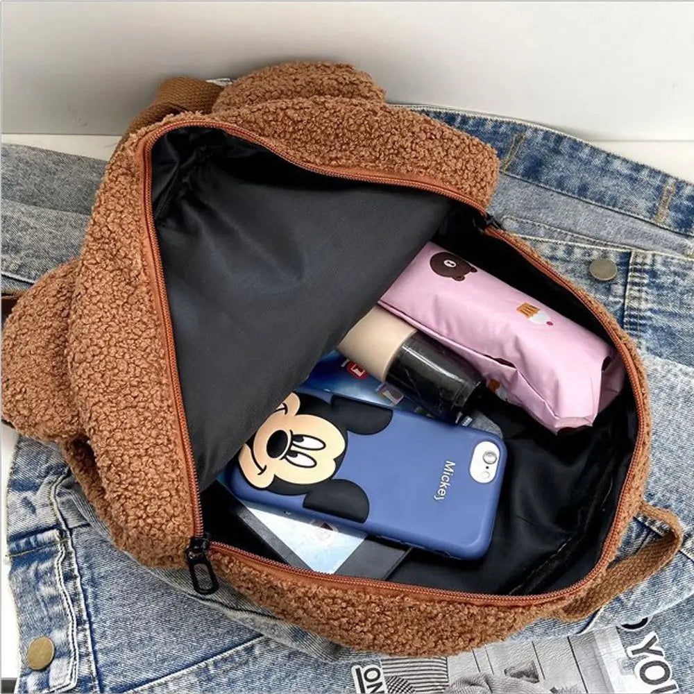 Women/Teen Girls Mini Lamb Fleece Cartoon Cute Bear Winter Backpacks/ Polyester/Backpack Straps/Adjustable Shoulder Straps/Small Handle/Colors-Khaki/Brown/Green/Black/Blue