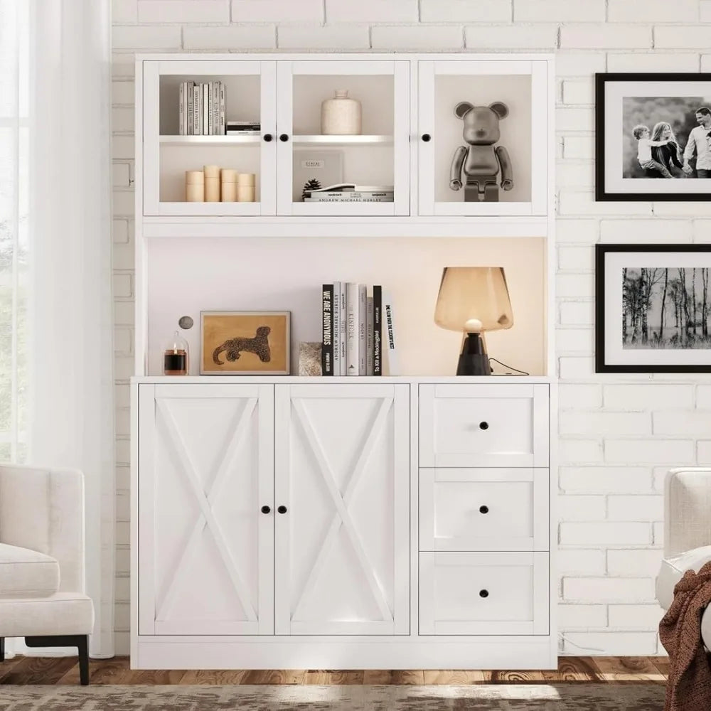 Wood Farmhouse Style Kitchen Cabinet Hutch /Countertop / Anti-Tip Device /Charging Station/3 Metal Rail Drawers/ 5 Cabinets-3 Glass Doors/2 Wood Doors/Size: 15.7"D x 39.4"W x 70.9"H/Colors-White/Black/Beige