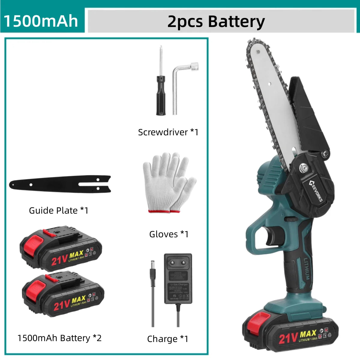 GEEVORKS Outdoor Home DIY Plastic Green-Black Body 6 Inch Handheld Mini Cordless Lithium Battery-Powered Rechargeable Brushed Motor 21V Electric Portable Wood Cutting Adjustable Tension Pruning Metal Chainsaws/Colors-Green/Black/Gray/Red/