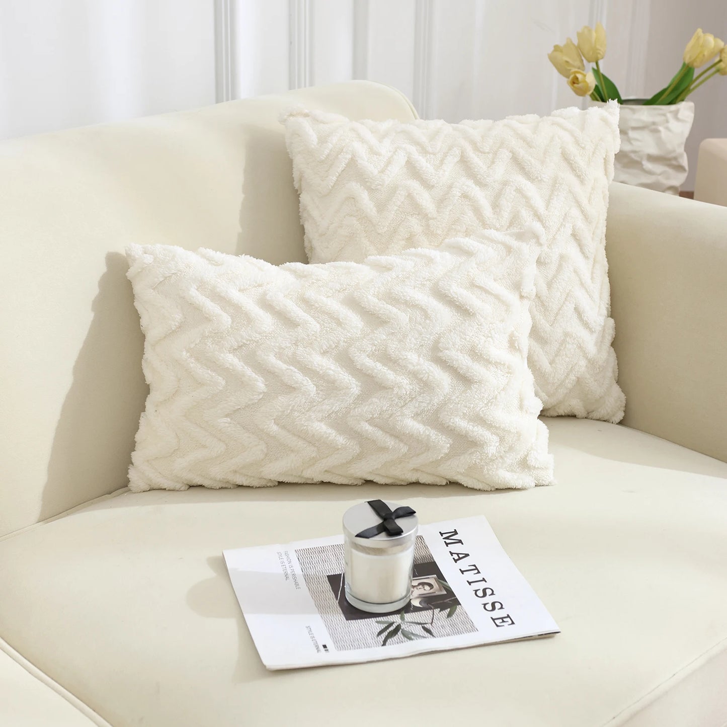Geometric Polyester White Jacquard Square Plush Throw Pillows