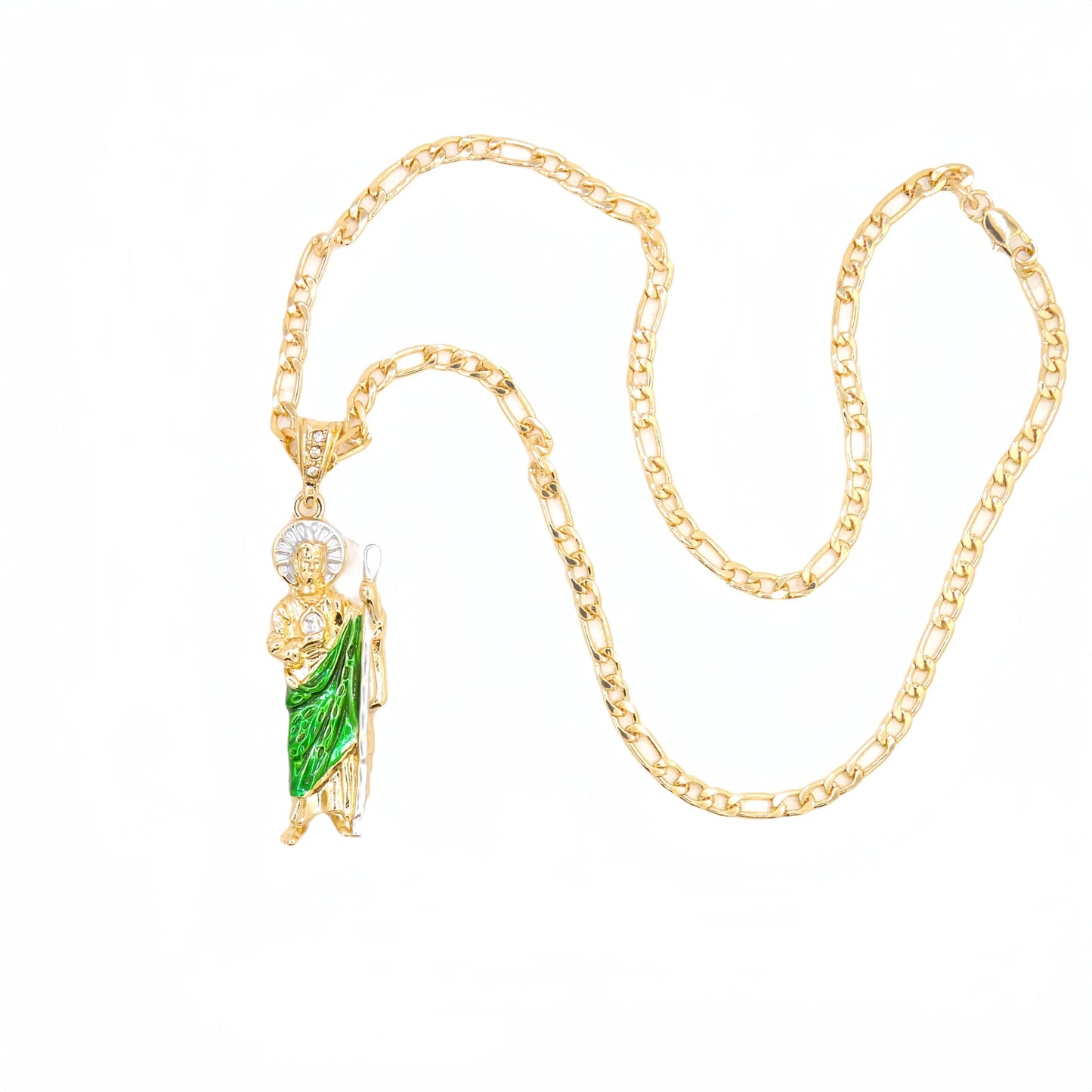 Adults-Teens 14K Gold-Plated Copper Metal Catholicism Religious Style Figaro Chain Saint Jude Pendant Necklaces/Colors-Gold/Green/Pink/White/Multicolor