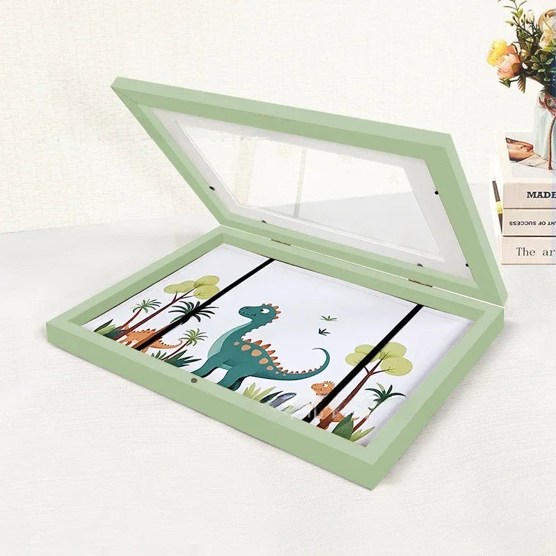 Kids Rectangle Wood Trim Acrylic Cover Artwork Display Magnetic Closure Picture Frames/Elastic Band/Colors-White/Black/Brown/Green/Pink