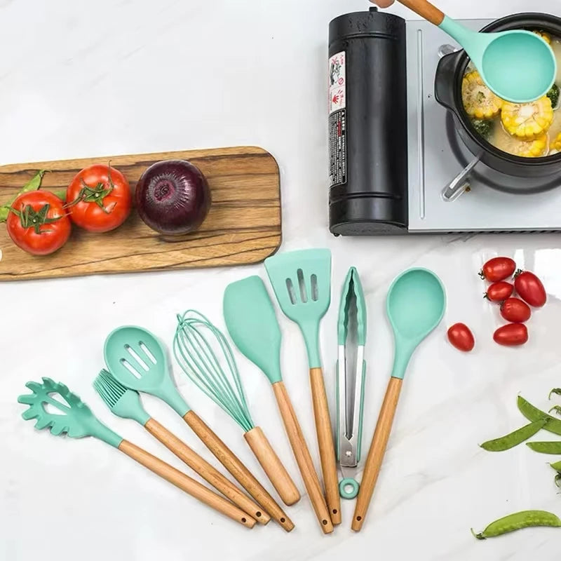Kitchen 12 PCS Set Heat Resistant Non-Stick Silicone Tips Wood Handles Cooking Utensils-Storage Bucket/Colors-Colors-Green/Red/White/Gray/Pink/Black/Multicolor