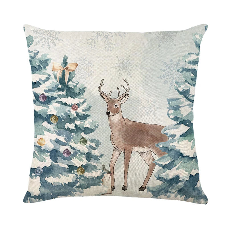 4 PCS Set Christmas Linen Snowman-Elk-Yarn Mittens-Christmas Tree-Wreath Plaid Throw Pillows/Colors-White/Red/Gray/Plaid