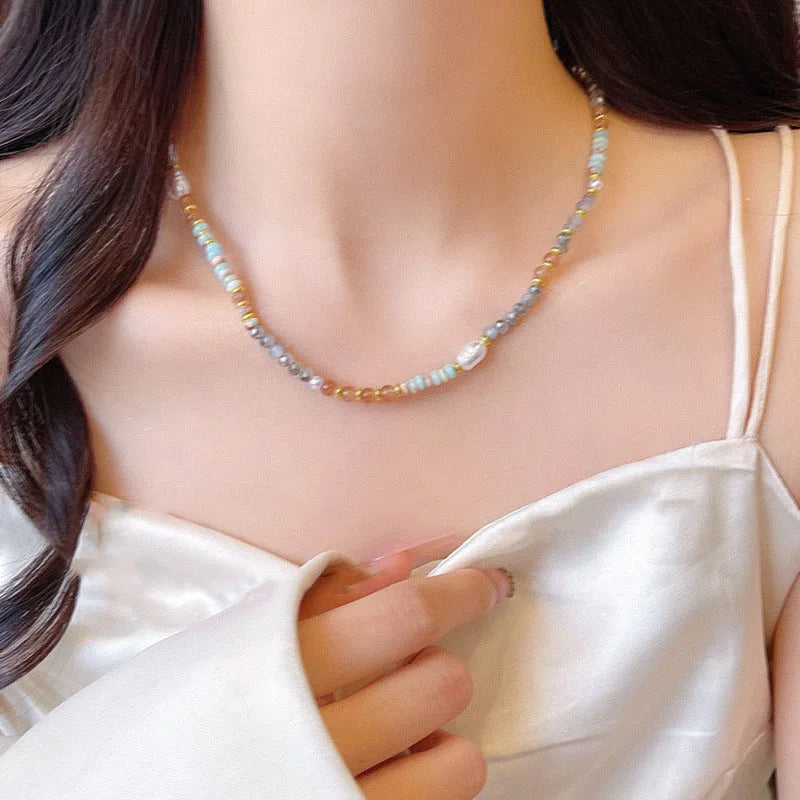 YERIK Adult Women Fine Imitation Stainless Steel Handmade White Pearls-Multicolor Beaded Necklace-Bracelet Jewelry Sets