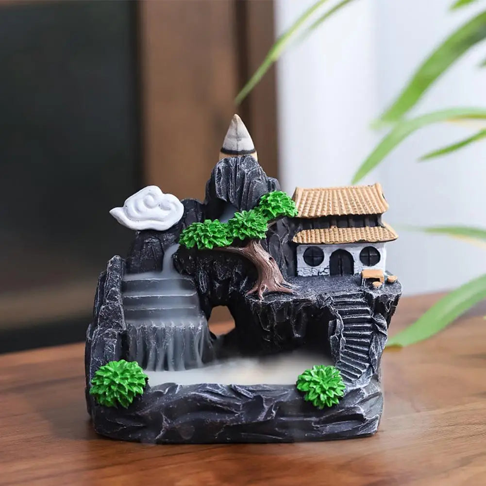 Ceramic Resin Small Village Scene Trees Rocky Mountain Terrain Brown Mill Wheel Realistic Flowing Water Backflow Incense Burner Holders/Colors-Black/Gray/Brown/Green