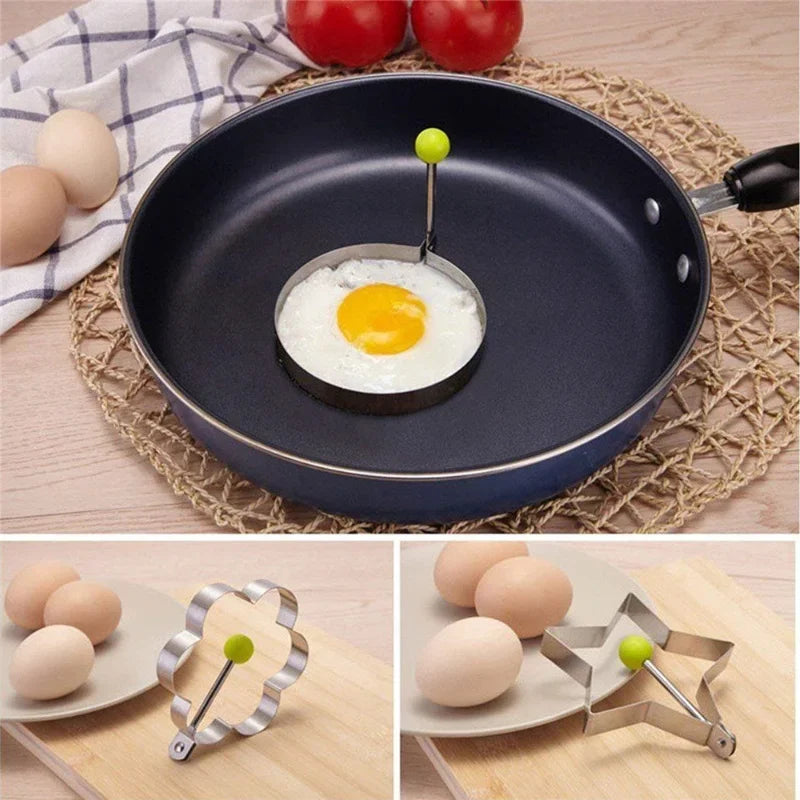 Kitchen 5 PCS Set Silver Stainless Steel Round-Heart-Flower-Five-Pointed Star-Mouse Shaped Egg Mold Inward Handle Round Light Green Ball Rings