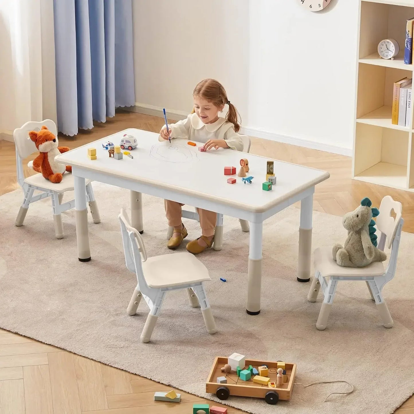 4 pcs White HDP Rectangle Toddler Height Adjustable Table/ 4 Chairs Set/Colors-Beige/White