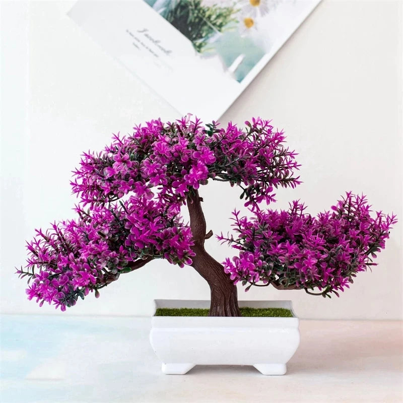 Artificial Small Bonsai Plastic Non-Flowering Plant-Rectangle Flower Pot/Colors-Floral/Green/Black/Pink