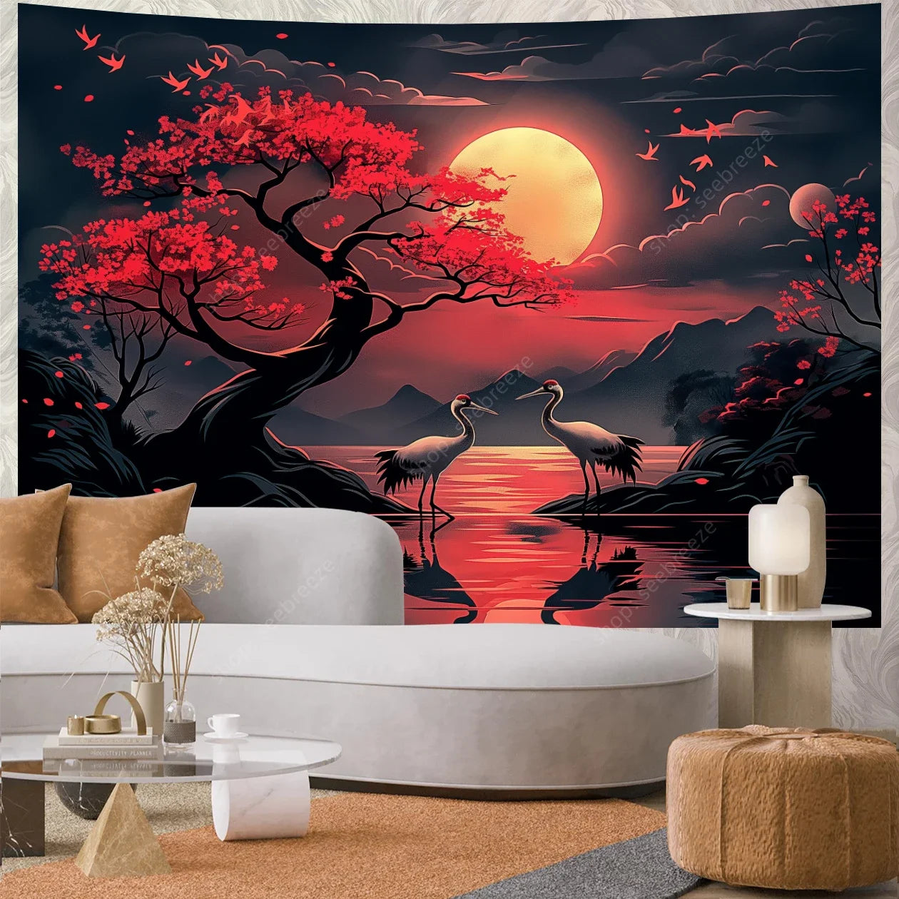 Colorful Green Forest Red Mushrooms Water Flowing Printed Polyester Woven Garden Of Eden Nature Tree Of Life Wall Hanging Tapestries