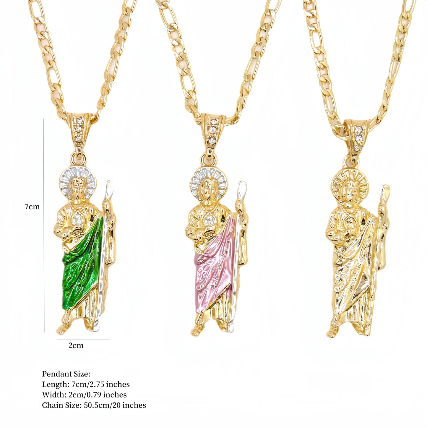 Adults-Teens 14K Gold-Plated Copper Metal Catholicism Religious Style Figaro Chain Saint Jude Pendant Necklaces/Colors-Gold/Green/Pink/White/Multicolor