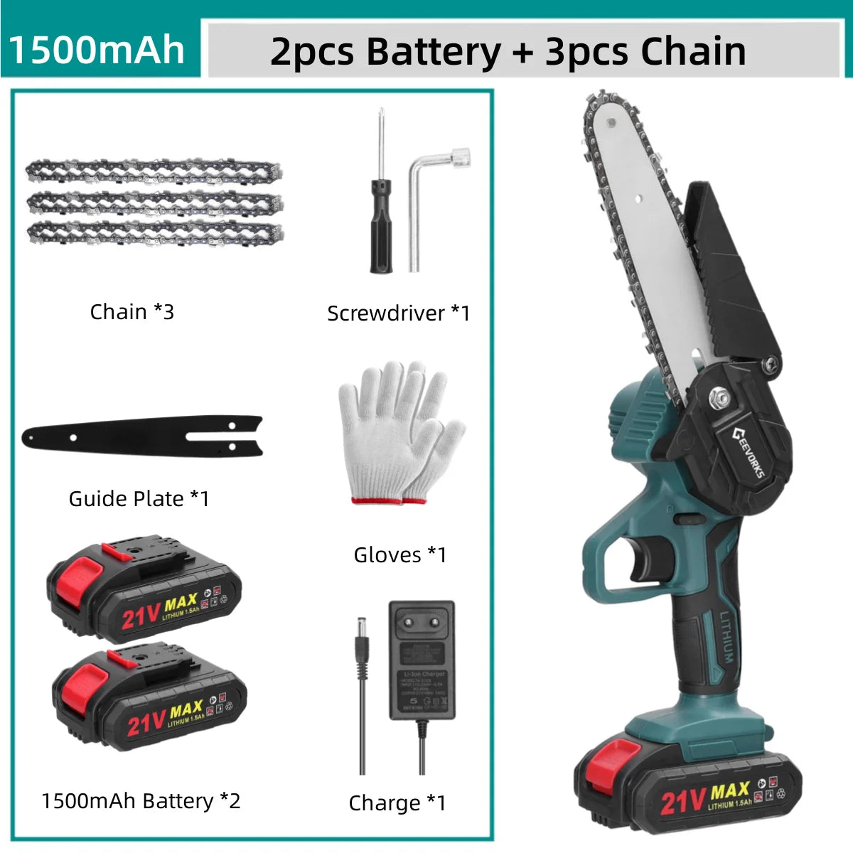 GEEVORKS Outdoor Home DIY Plastic Green-Black Body 6 Inch Handheld Mini Cordless Lithium Battery-Powered Rechargeable Brushed Motor 21V Electric Portable Wood Cutting Adjustable Tension Pruning Metal Chainsaws/Colors-Green/Black/Gray/Red/