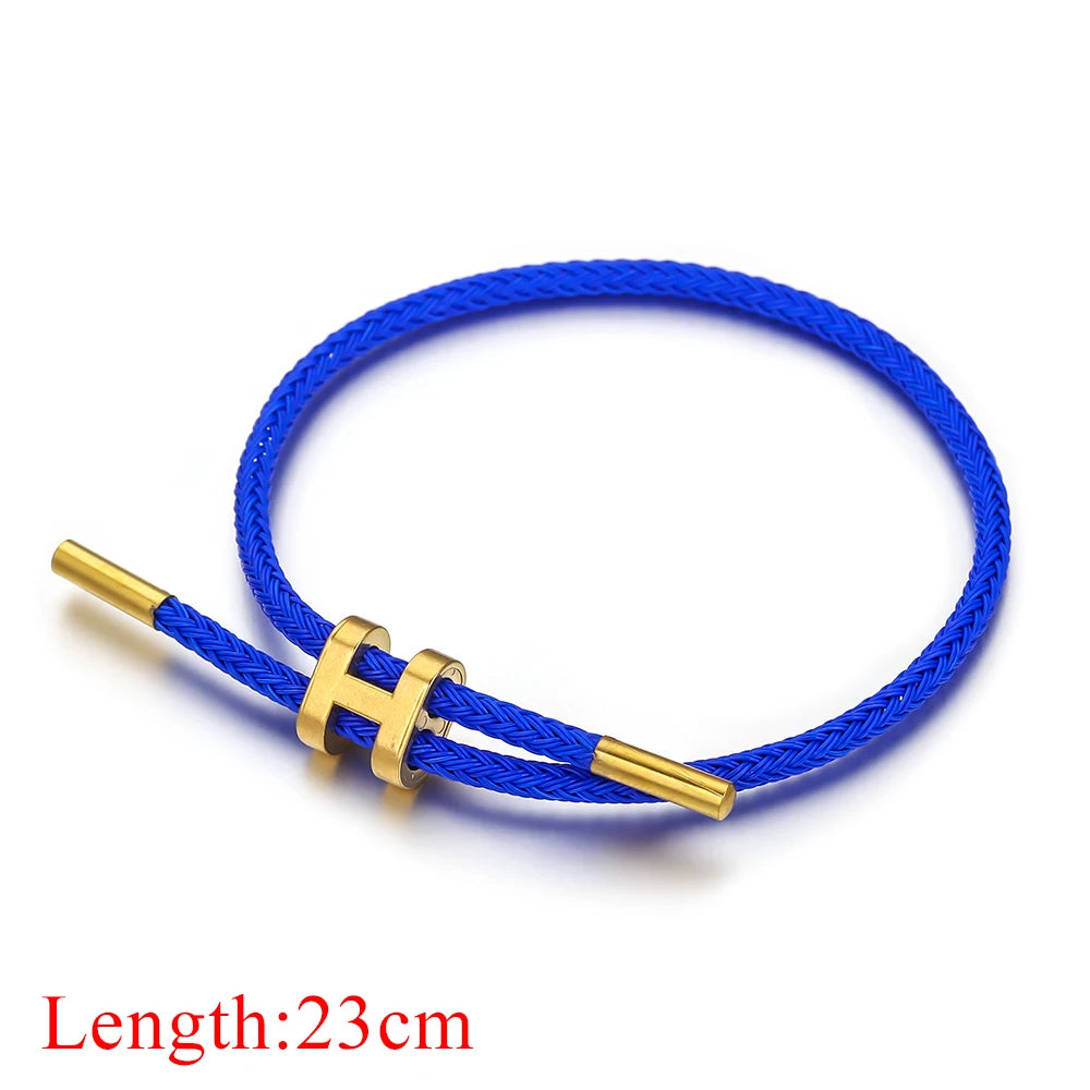 Unisex Round Stainless Steel Adjustable Braided Wire Rope Charm Vacuum Plated 18k Gold Toggle-Clasps Bracelets/Colors-Blue/Pink/Green/Red/Geometric