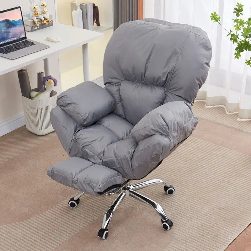 No-EN-Name-Null Mahjong Beige Upholstered Soft Plush Comfortable Fabric Adjustable Rotating Armed Five-Point Metal Four Roller Wheels Base Computer Office Chairs/Pull-Out Footrest/ Colors-Gray/Pink/White/Blue/Beige