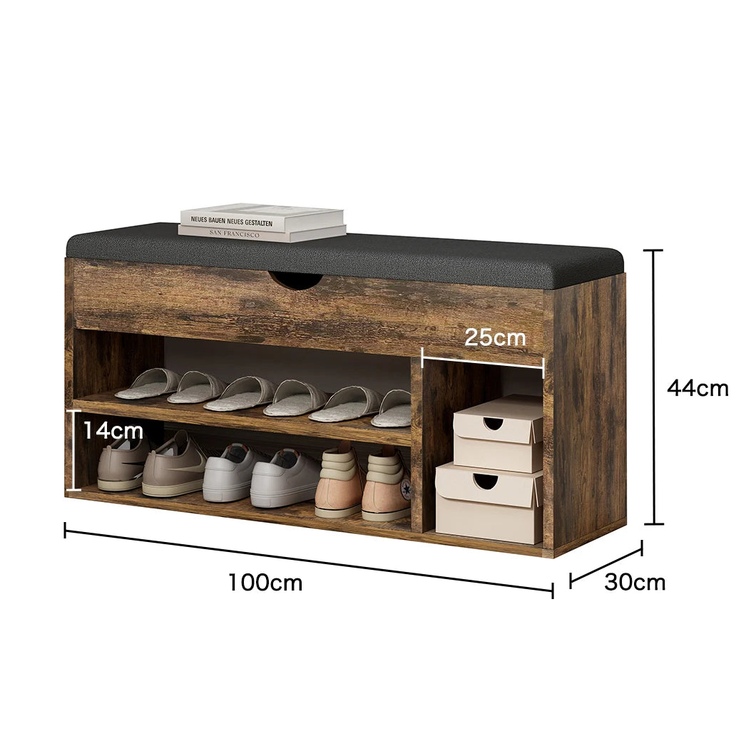 Anne-Fish Entryway 2-Tier Padded Cushion Seat Shoe Storage Bench w/2 Drawers/Colors-White/Brown