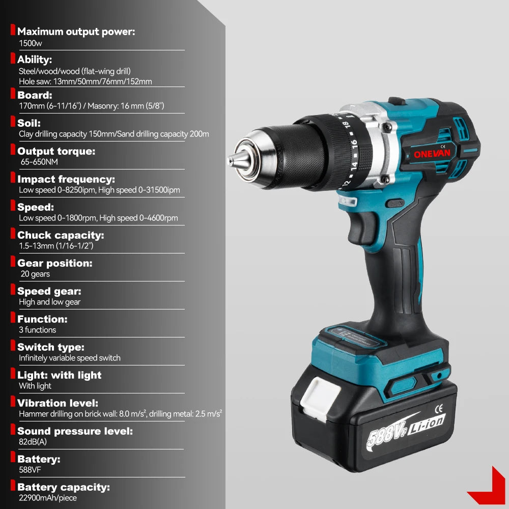 ONEVAN Multicolor Body Metal Keyless Drill Chuck Rechargeable Battery-Powered Cordless Brushless Adjustable Speed-Torque Built-In Lighting Electric Impact Drills Sets/Colors-Black/Blue/Silver/Green/Gray/Multicolor